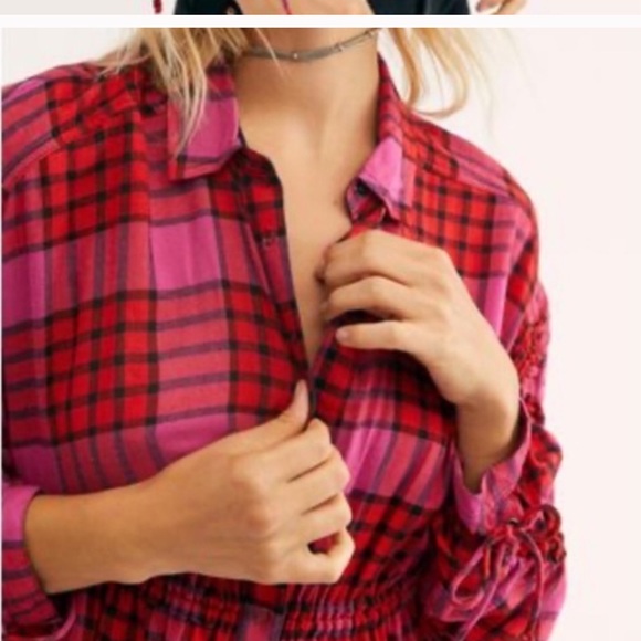 WOMENS FREE PEOPLE RED COMBO BLOUSE RED/PINK SIZE L - Picture 8 of 10